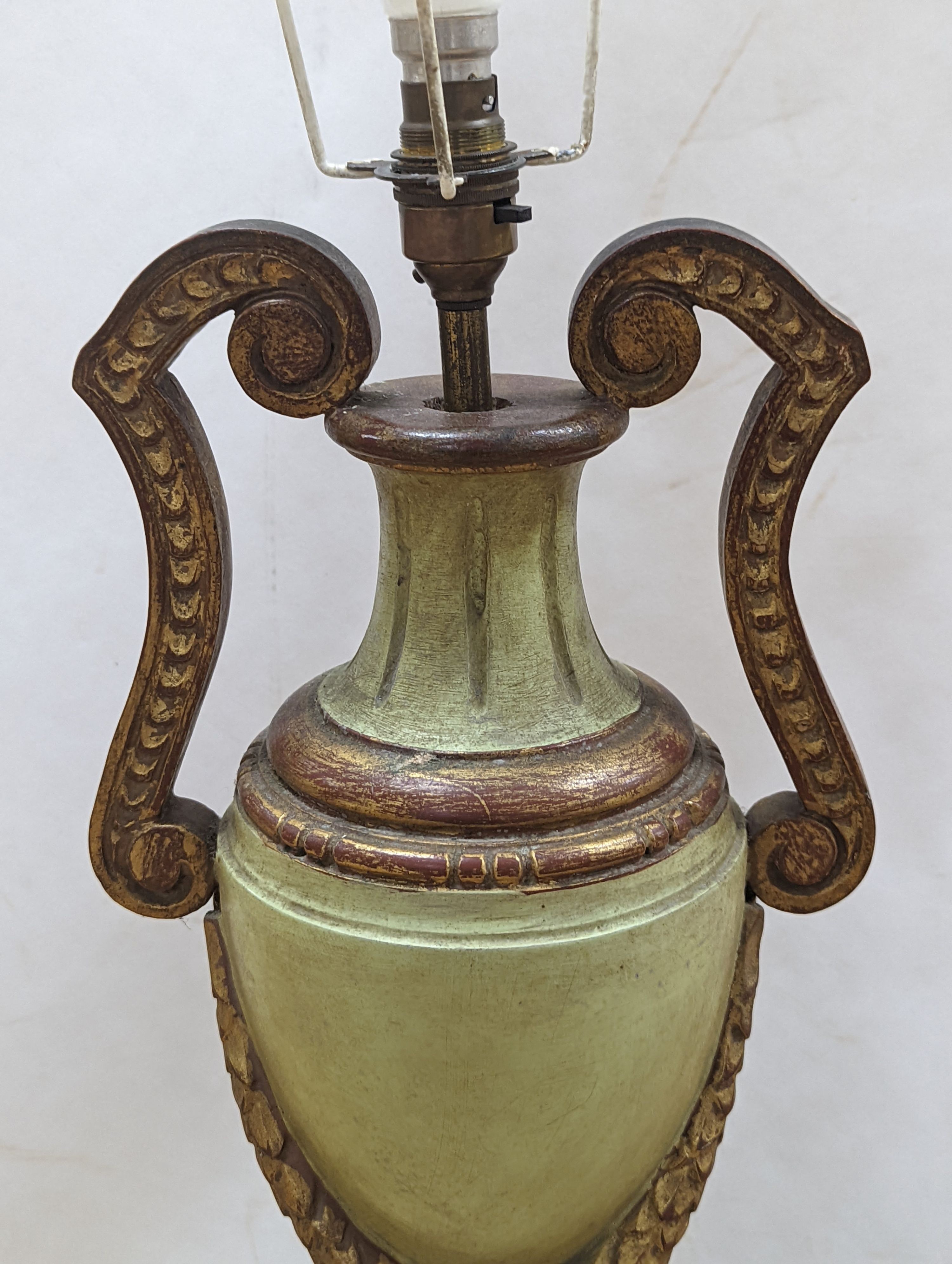 A green and gilt painted table lamp 60cm